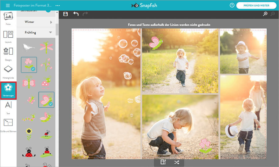 Fotocollage bei Snapfish gestalten: Verzierungen hinzufügen